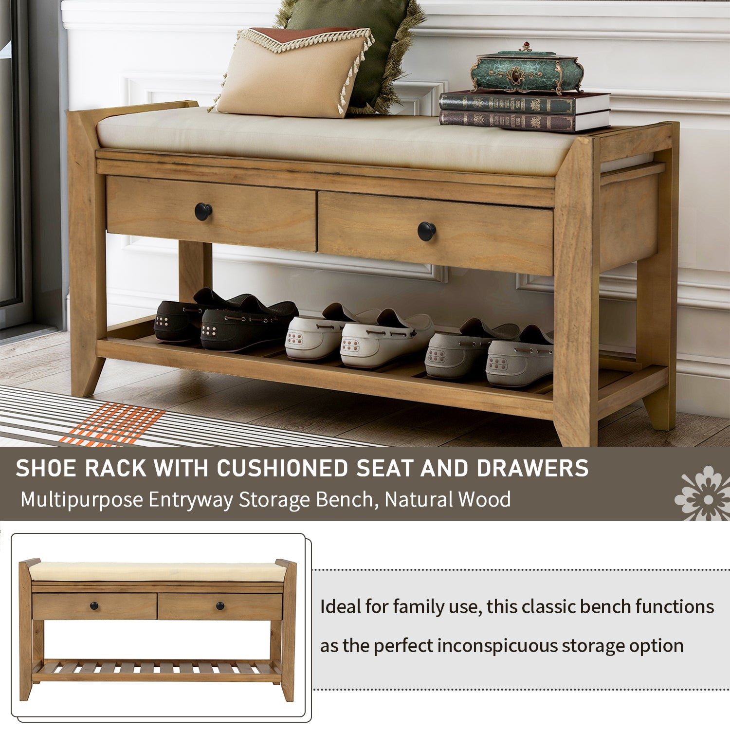 Shoe Rack with Cushioned Seat and Drawers, Multipurpose Entryway Storage Bench (Old Pine)