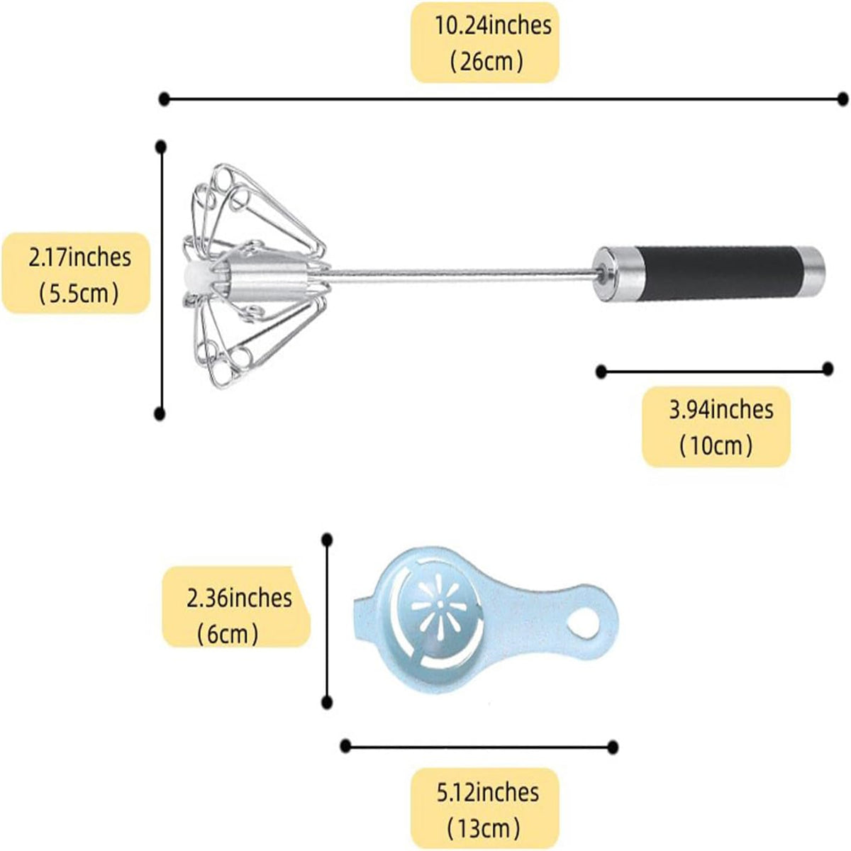 Stainless Steel Push Whisk - Easy to Use Manual Hand Mixer & Plunger Whisk - Make Froth, Foam & Whipped Cream - Semi Auto Egg Beater Plastic Tip Won’t Scratch Pans -- No shipment on weekends