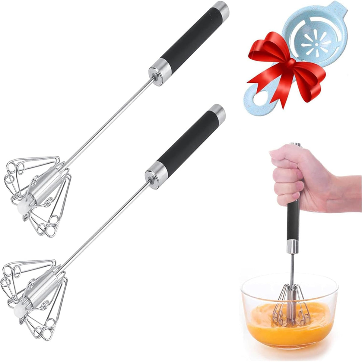 Stainless Steel Push Whisk - Easy to Use Manual Hand Mixer & Plunger Whisk - Make Froth, Foam & Whipped Cream - Semi Auto Egg Beater Plastic Tip Won’t Scratch Pans -- No shipment on weekends - Ballimart