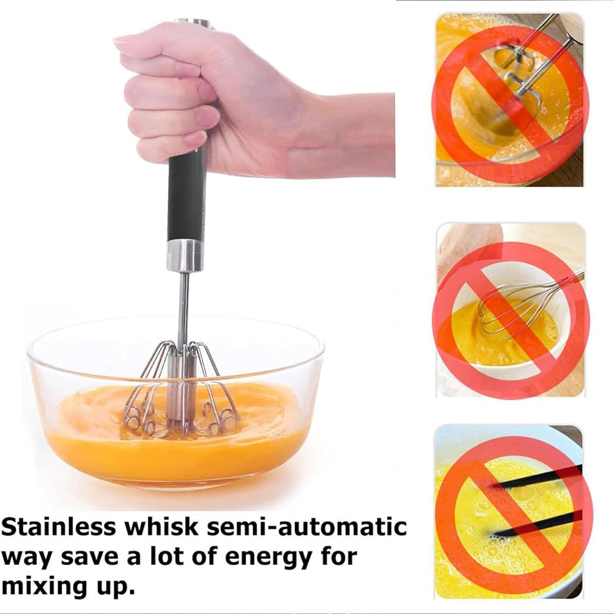 Stainless Steel Push Whisk - Easy to Use Manual Hand Mixer & Plunger Whisk - Make Froth, Foam & Whipped Cream - Semi Auto Egg Beater Plastic Tip Won’t Scratch Pans -- No shipment on weekends