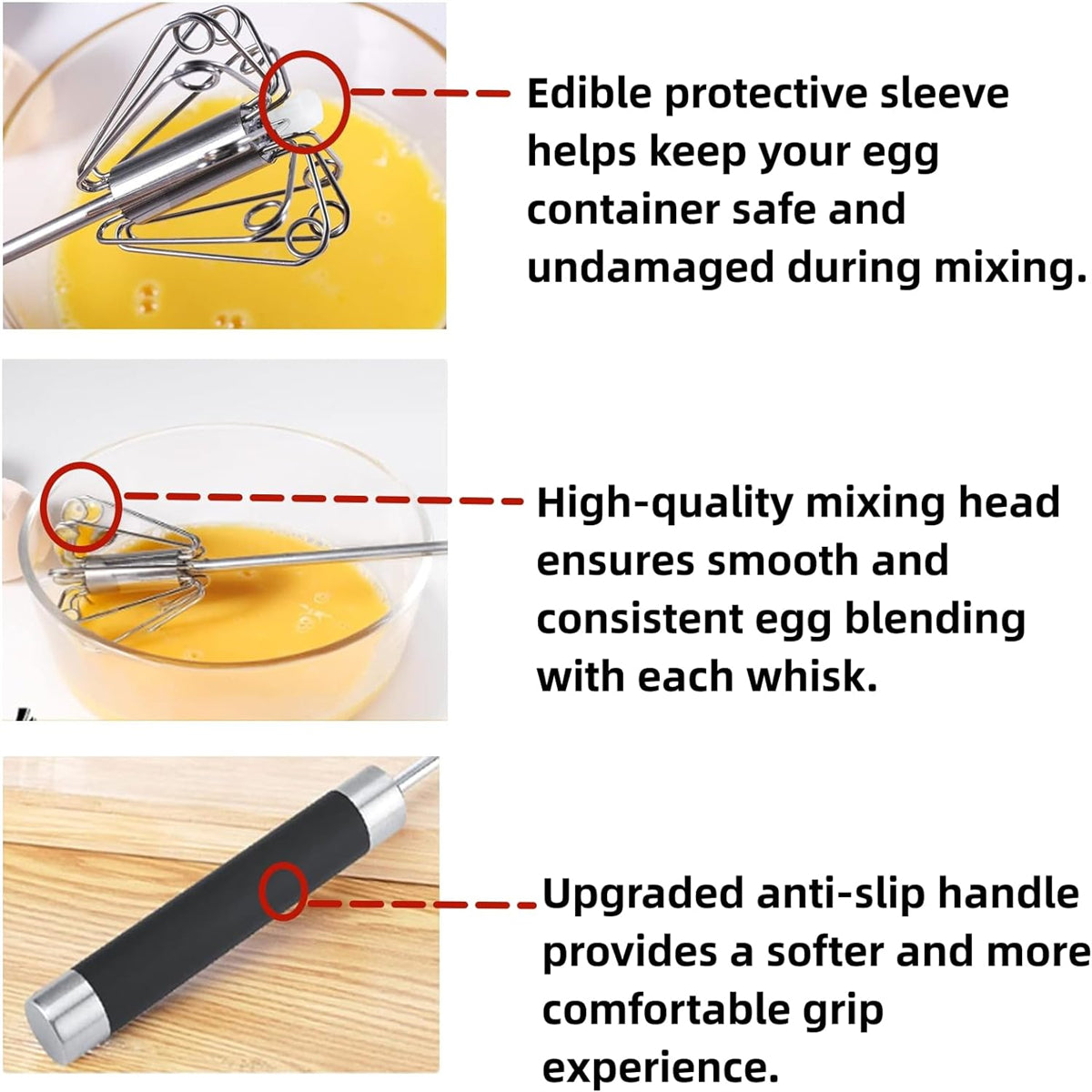 Stainless Steel Push Whisk - Easy to Use Manual Hand Mixer & Plunger Whisk - Make Froth, Foam & Whipped Cream - Semi Auto Egg Beater Plastic Tip Won’t Scratch Pans -- No shipment on weekends - Ballimart