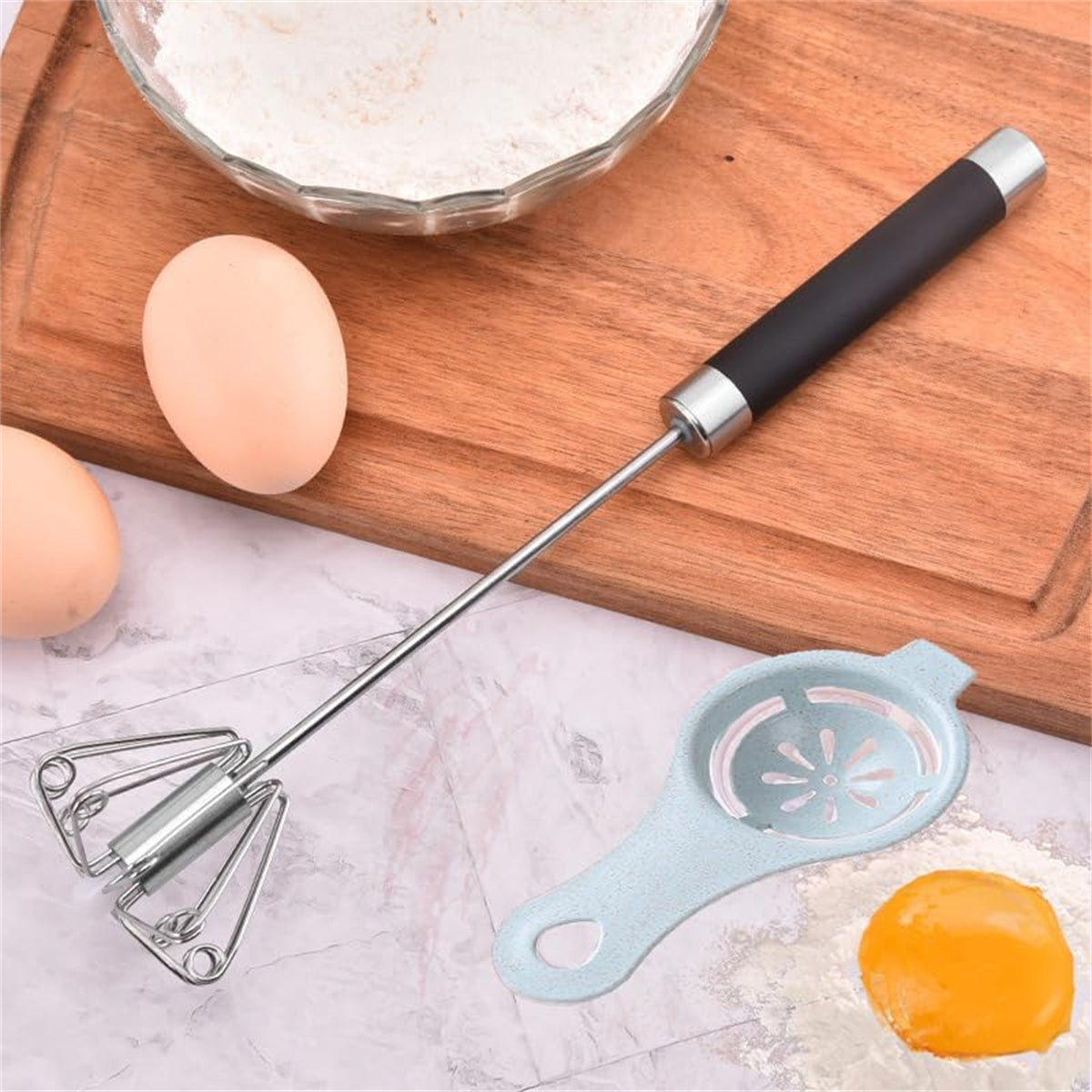 Stainless Steel Push Whisk - Easy to Use Manual Hand Mixer & Plunger Whisk - Make Froth, Foam & Whipped Cream - Semi Auto Egg Beater Plastic Tip Won’t Scratch Pans -- No shipment on weekends