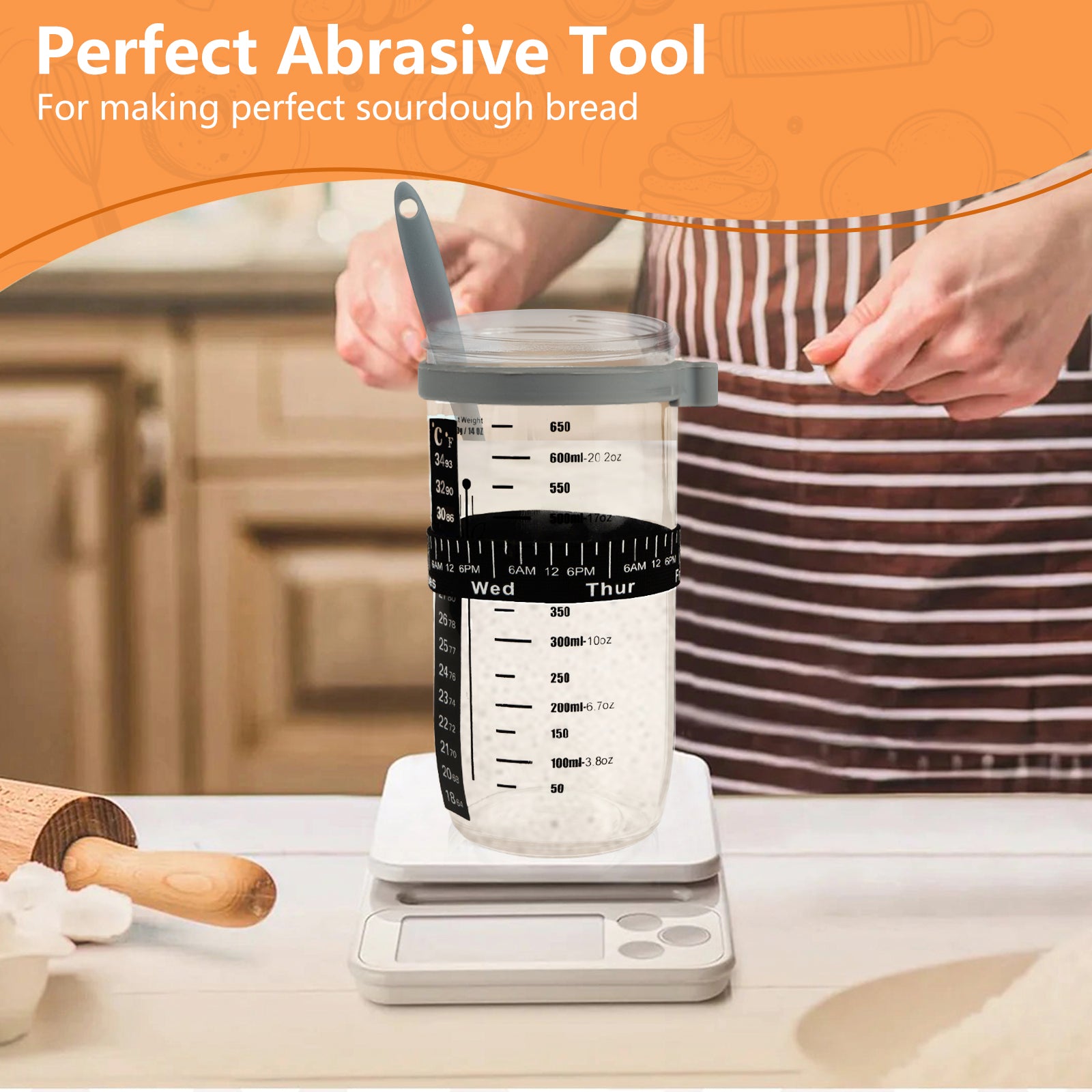 Sourdough Starter Kit with Date Marked Feeding Band, Scraper, Cloth Cover and Plastic Lid, Thermometer【Shipment from FBA】 - Ballimart