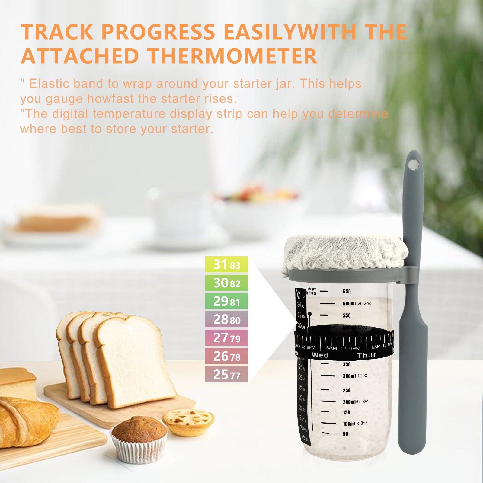 Sourdough Starter Kit with Date Marked Feeding Band, Scraper, Cloth Cover and Plastic Lid, Thermometer【Shipment from FBA】 - Ballimart