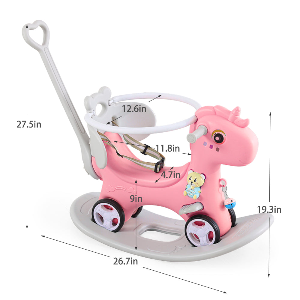 Rocking Horse for Toddlers , Balance Bike Ride On Toys with Push Handle, Backrest and Balance Board for Baby Girl and Boy, Unicorn Kids Riding Birthday (Pink) - Ballimart
