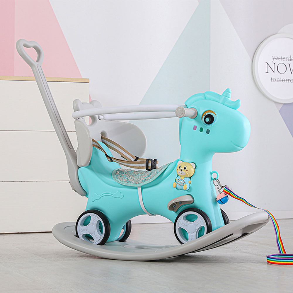 Rocking Horse for Toddlers, Balance Bike Ride On Toys with Push Handle, Backrest and Balance Board for Baby Girl and Boy, Unicorn Kids Riding Birthday (Blue) - Ballimart