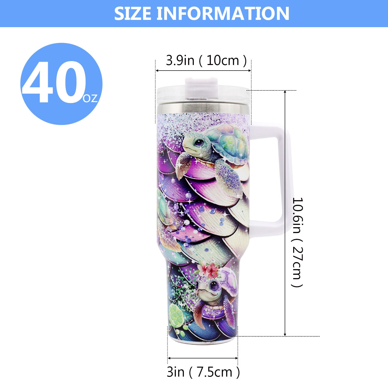 1pc 40oz large capacity Tumbler， Sea turtles With Handle And Straw Lid, 304 Stainless Steel Water Bottles Travel Mug Coffee Cup car cup water cup For Men Women Outdoor Camping Driving, - Ballimart