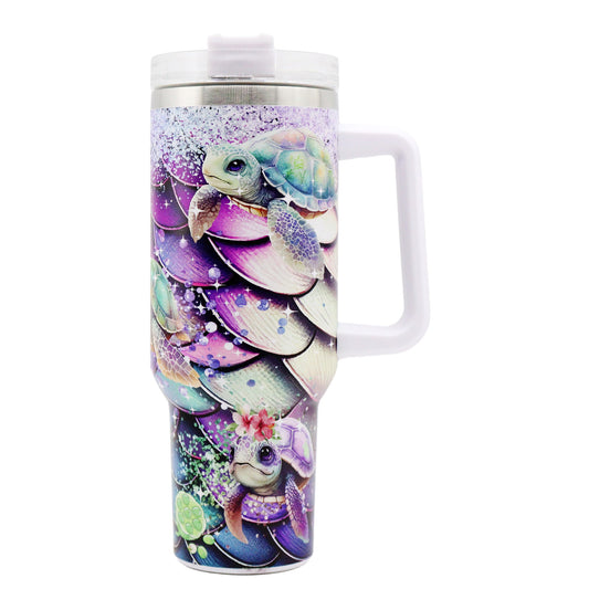 1pc 40oz large capacity Tumbler， Sea turtles With Handle And Straw Lid, 304 Stainless Steel Water Bottles Travel Mug Coffee Cup car cup water cup For Men Women Outdoor Camping Driving, - Ballimart
