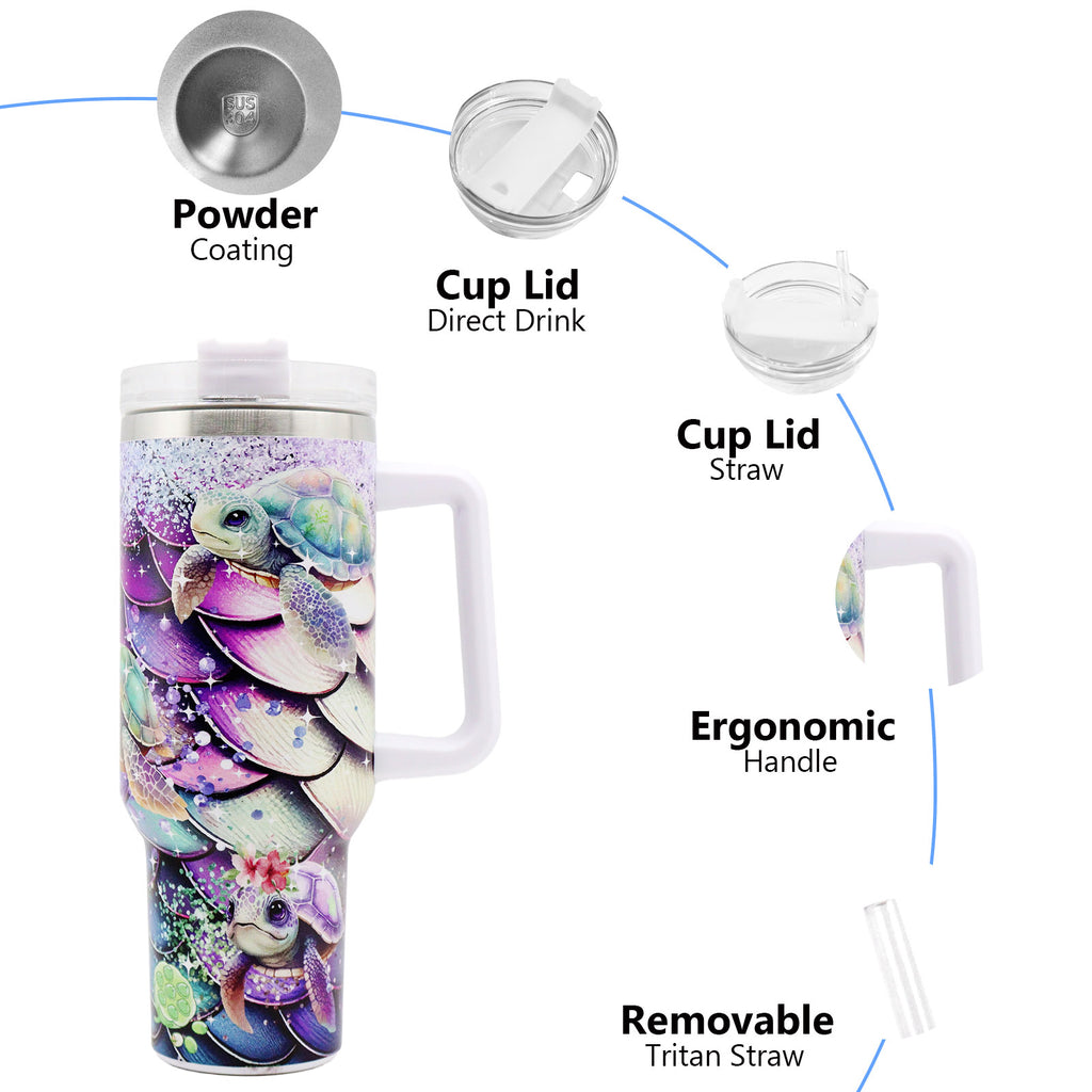 1pc 40oz large capacity Tumbler， Sea turtles With Handle And Straw Lid, 304 Stainless Steel Water Bottles Travel Mug Coffee Cup car cup water cup For Men Women Outdoor Camping Driving, - Ballimart