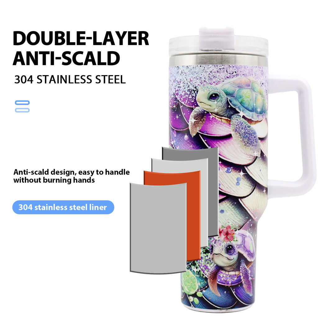 1pc 40oz large capacity Tumbler， Sea turtles With Handle And Straw Lid, 304 Stainless Steel Water Bottles Travel Mug Coffee Cup car cup water cup For Men Women Outdoor Camping Driving, - Ballimart