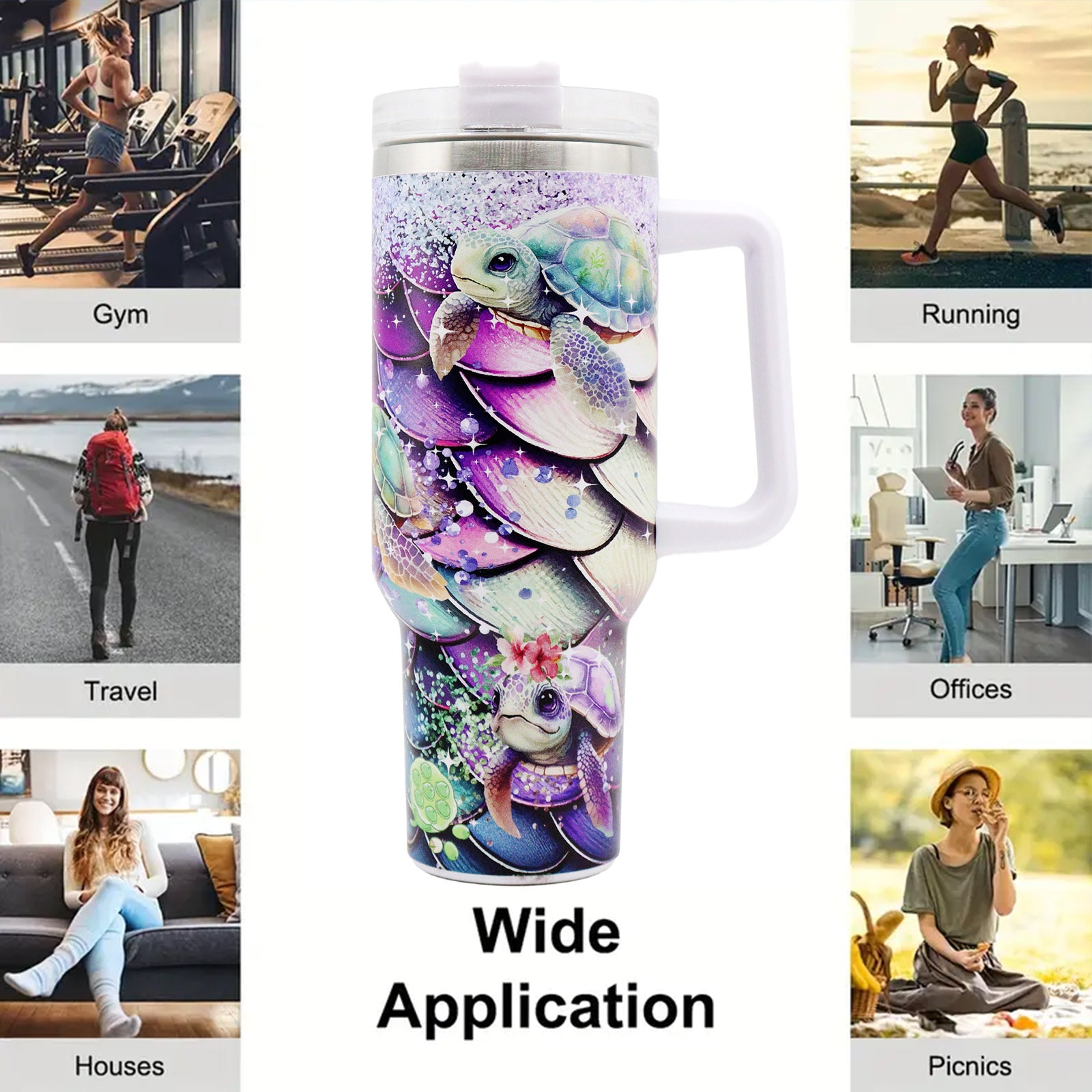 1pc 40oz large capacity Tumbler， Sea turtles With Handle And Straw Lid, 304 Stainless Steel Water Bottles Travel Mug Coffee Cup car cup water cup For Men Women Outdoor Camping Driving, - Ballimart