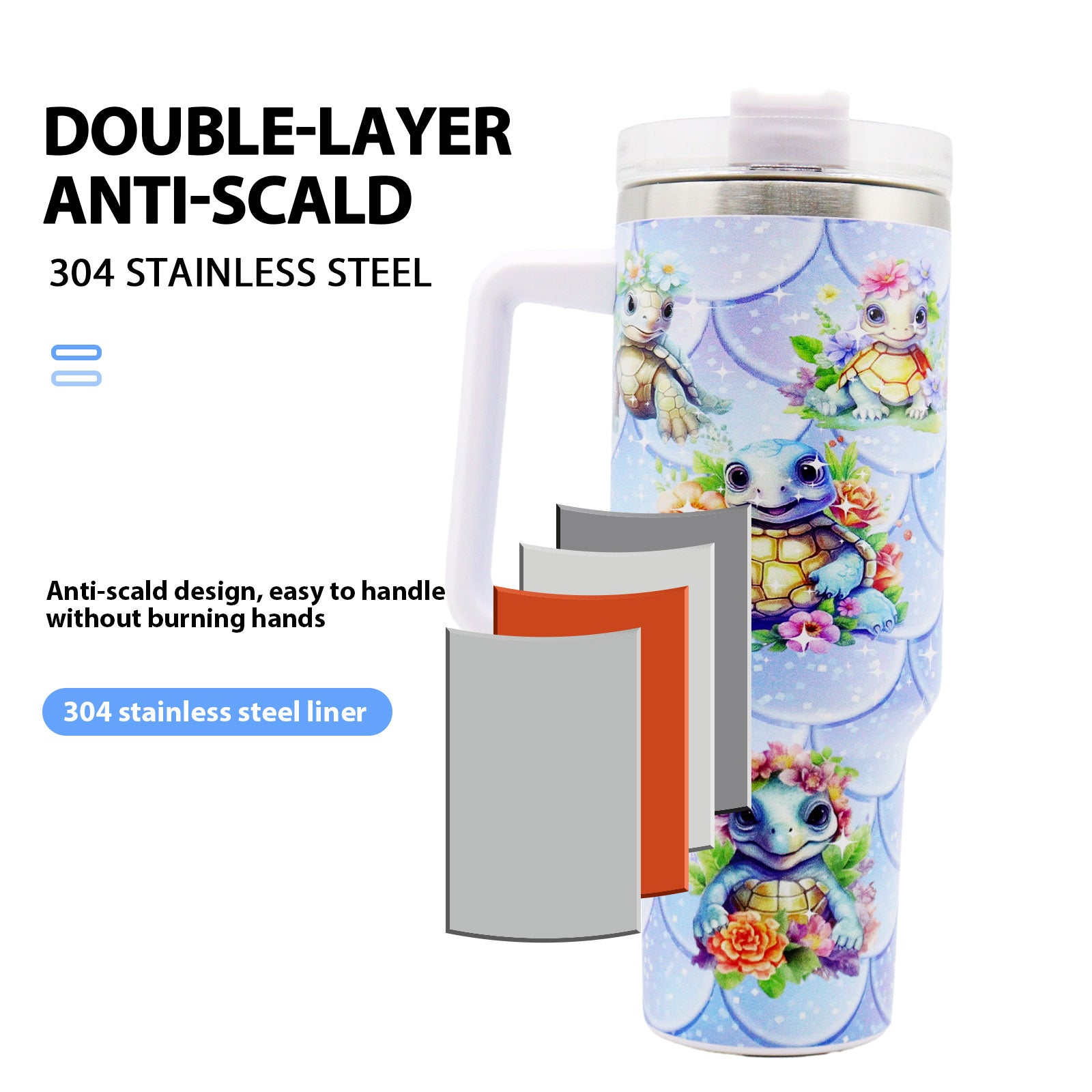 1pc 40oz large capacity Tumbler， Sea turtles With Handle And Straw Lid, 304 Stainless Steel Water Bottles Travel Mug Coffee Cup car cup water cup For Men Women Outdoor Camping Driving, - Ballimart