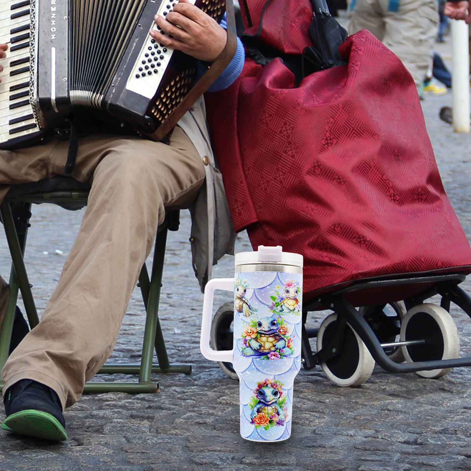 1pc 40oz large capacity Tumbler， Sea turtles With Handle And Straw Lid, 304 Stainless Steel Water Bottles Travel Mug Coffee Cup car cup water cup For Men Women Outdoor Camping Driving, - Ballimart