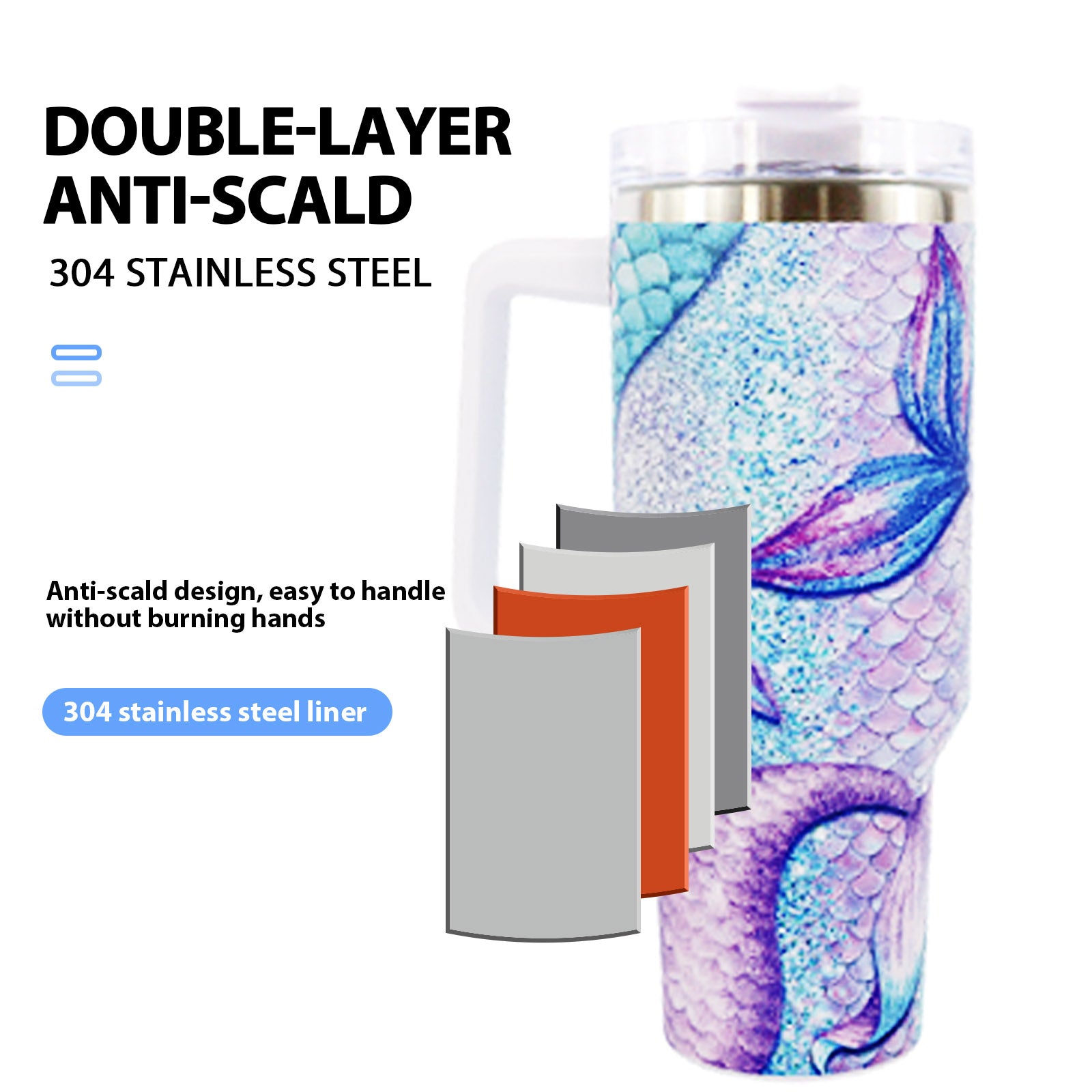 1pc 40oz large capacity Tumbler， Sea turtles With Handle And Straw Lid, 304 Stainless Steel Water Bottles Travel Mug Coffee Cup car cup water cup For Men Women Outdoor Camping Driving, - Ballimart