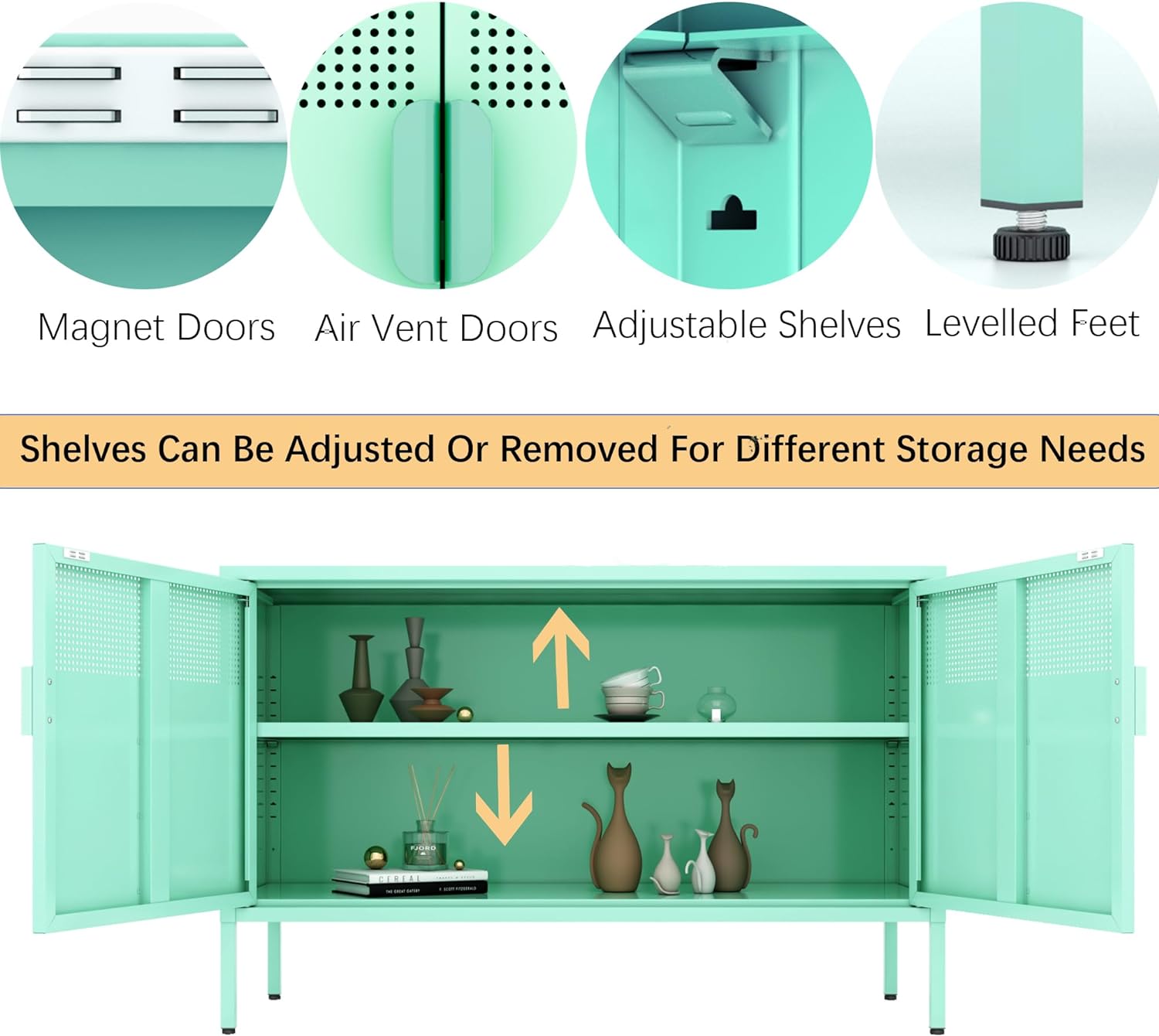 Steel metal low cabinet、green  The upper half of the door has ventilation holes