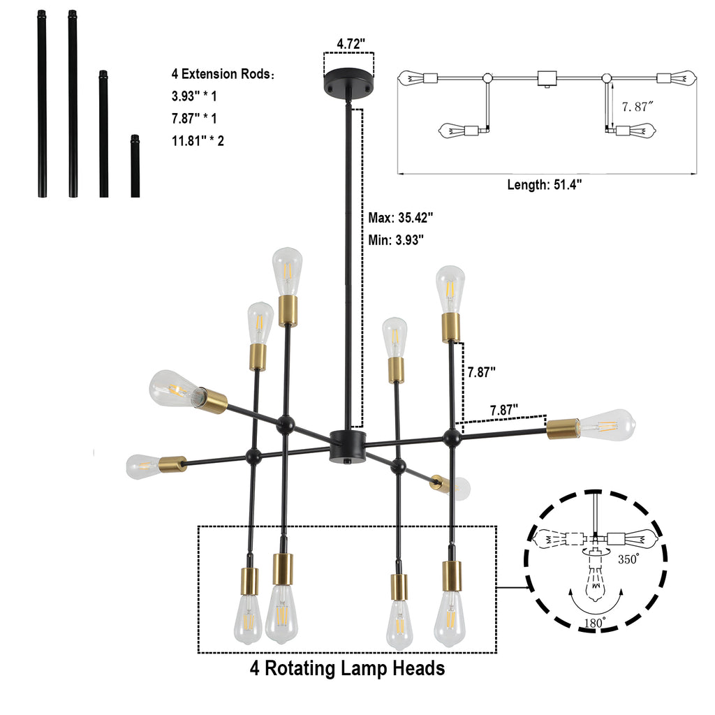 Modern Sputnik Chandelier, Mid Century Chandelier Light Fixture, Black and Gold Pendant Lighting for Living Room Bedroom Dining Room Farmhouse Kitchen - Ballimart