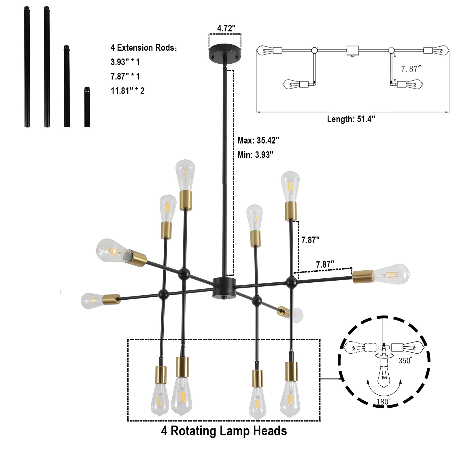 Modern Sputnik Chandelier, Mid Century Chandelier Light Fixture, Black and Gold Pendant Lighting for Living Room Bedroom Dining Room Farmhouse Kitchen - Ballimart
