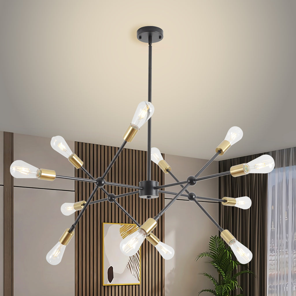 Modern Sputnik Chandelier, Mid Century Chandelier Light Fixture, Black and Gold Pendant Lighting for Living Room Bedroom Dining Room Farmhouse Kitchen - Ballimart