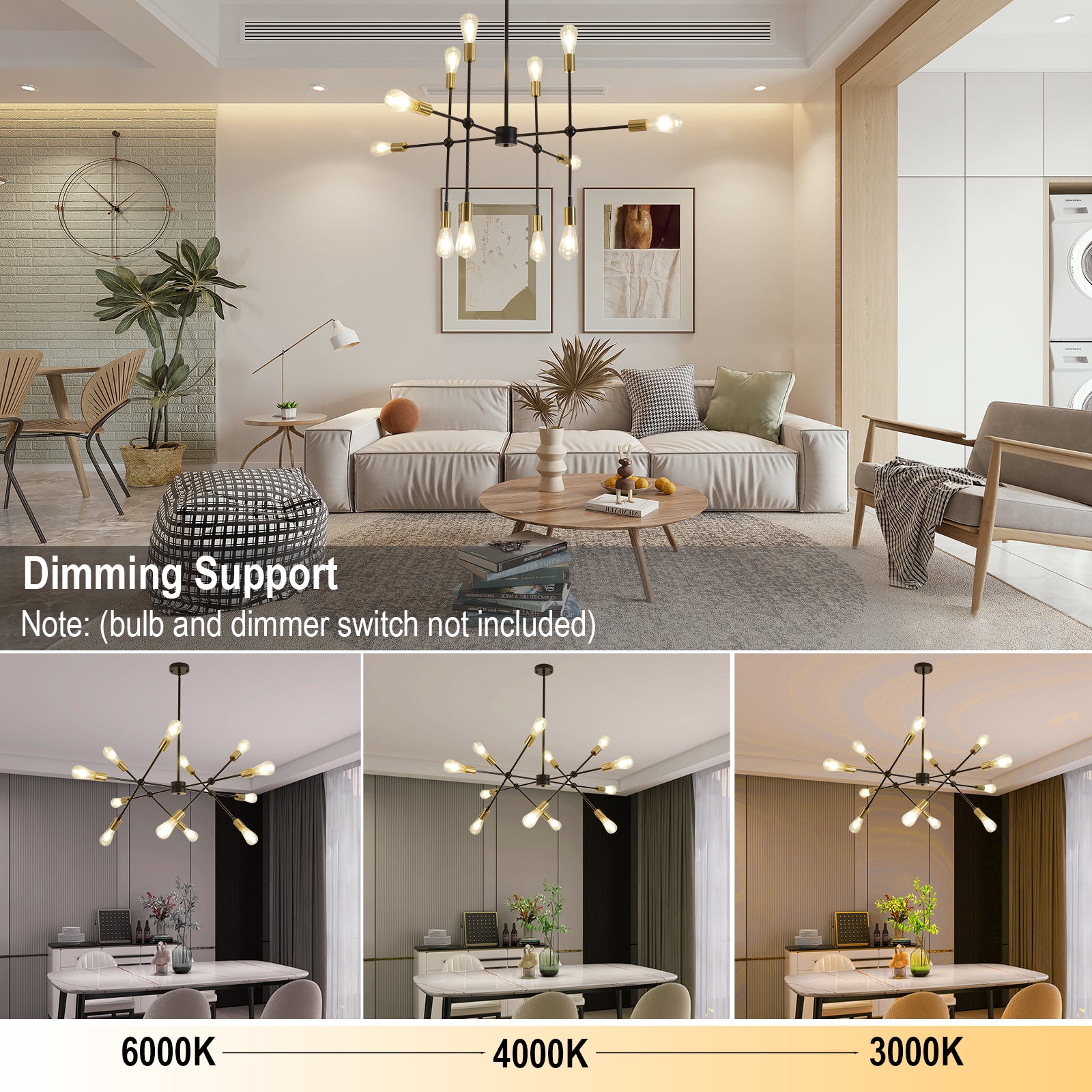 Modern Sputnik Chandelier, Mid Century Chandelier Light Fixture, Black and Gold Pendant Lighting for Living Room Bedroom Dining Room Farmhouse Kitchen - Ballimart