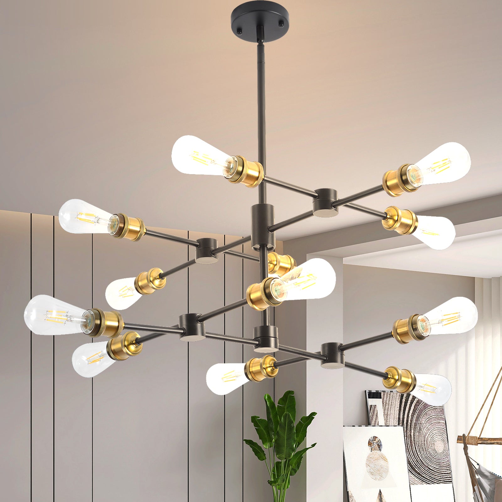 Black and Brass Chandelier Mid Century Sputnik Pendant Light 12-Lights Chandeliers Height Adjustable E26 Contemporary Ceiling Chandelier - Ballimart