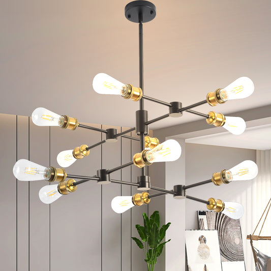 Black and Brass Chandelier Mid Century Sputnik Pendant Light 12-Lights Chandeliers Height Adjustable E26 Contemporary Ceiling Chandelier - Ballimart
