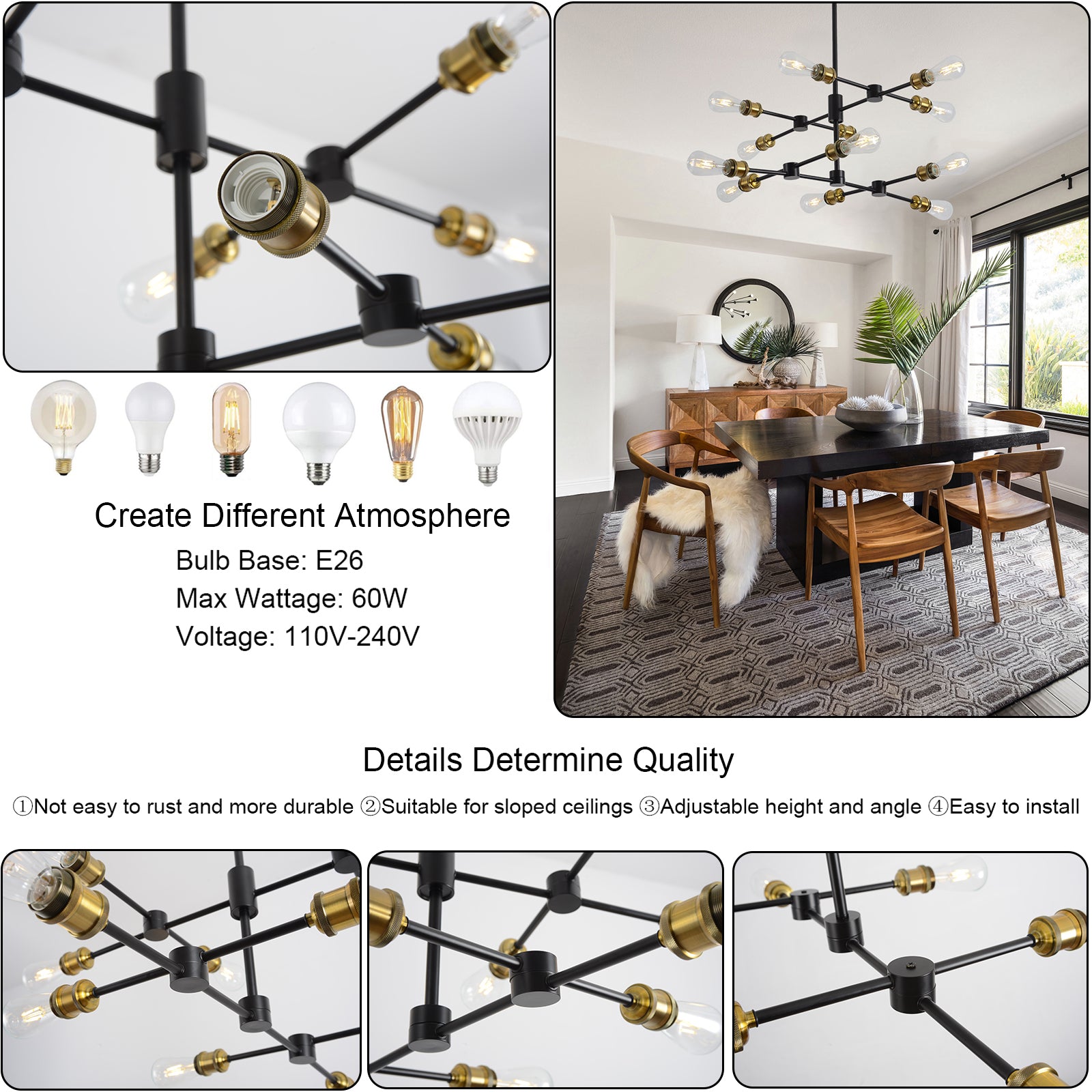 Black and Brass Chandelier Mid Century Sputnik Pendant Light 12-Lights Chandeliers Height Adjustable E26 Contemporary Ceiling Chandelier - Ballimart
