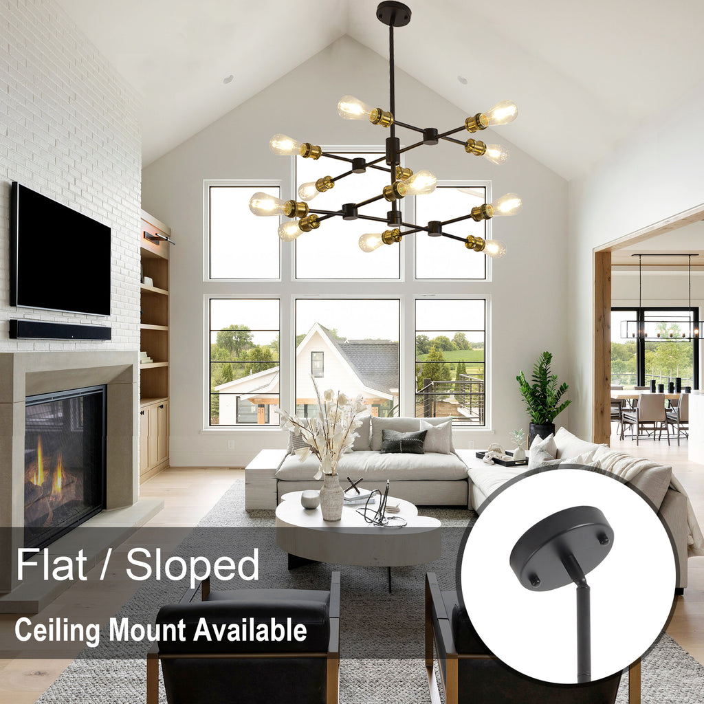 Black and Brass Chandelier Mid Century Sputnik Pendant Light 12-Lights Chandeliers Height Adjustable E26 Contemporary Ceiling Chandelier - Ballimart