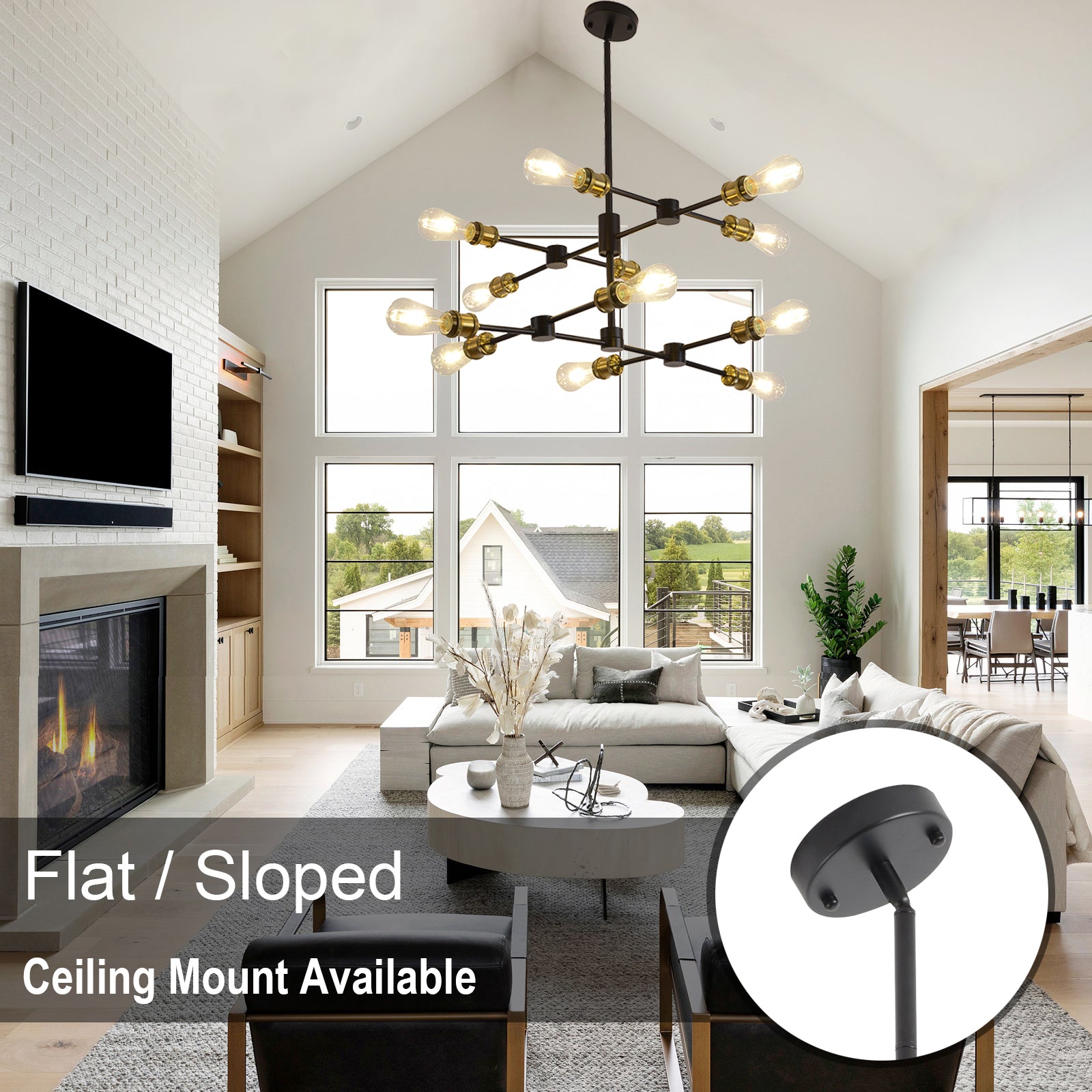 Black and Brass Chandelier Mid Century Sputnik Pendant Light 12-Lights Chandeliers Height Adjustable E26 Contemporary Ceiling Chandelier - Ballimart