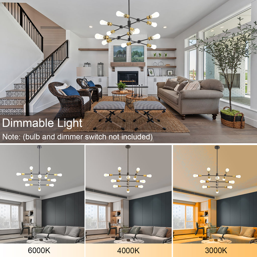 Black and Brass Chandelier Mid Century Sputnik Pendant Light 12-Lights Chandeliers Height Adjustable E26 Contemporary Ceiling Chandelier - Ballimart