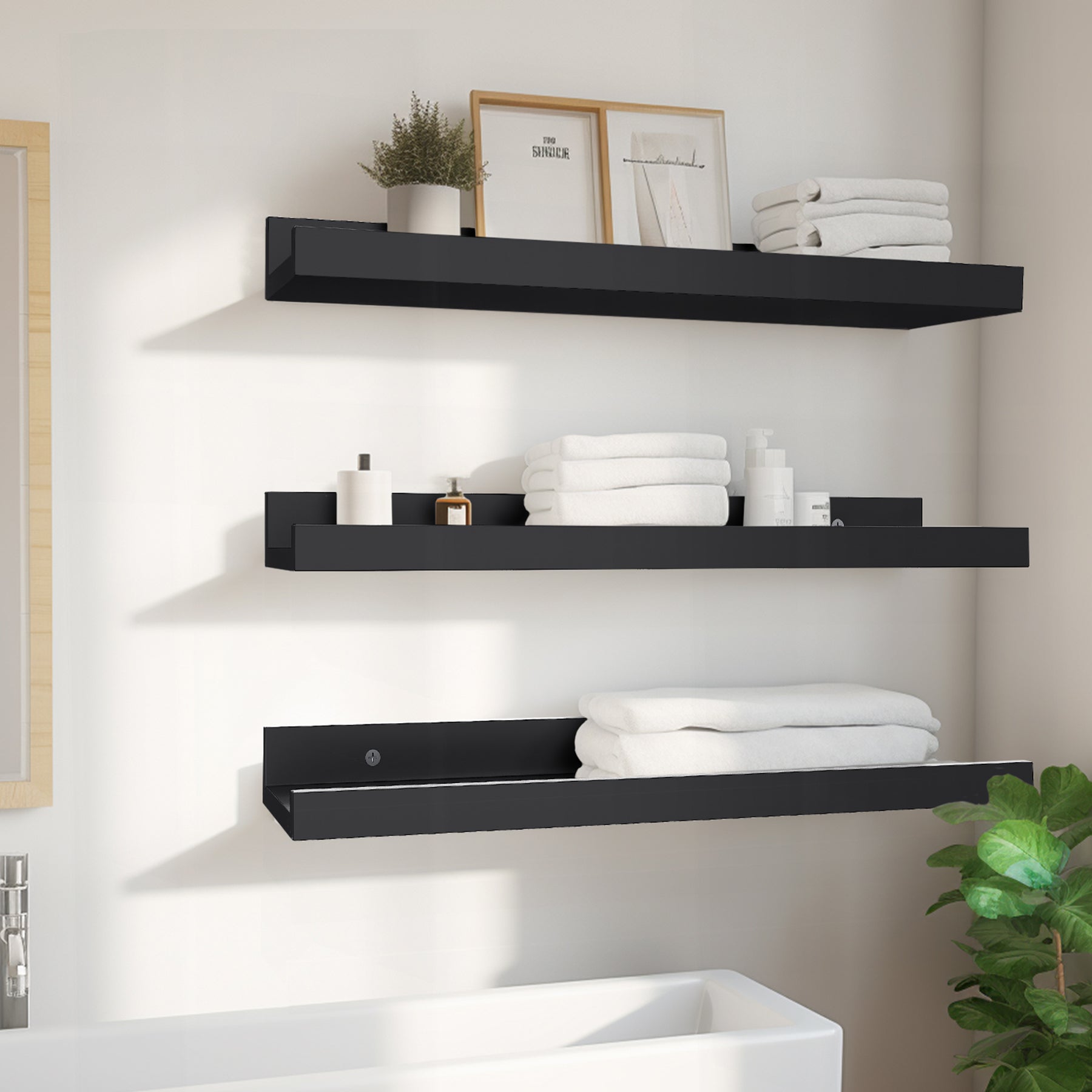 Small 16” Floating Shelves for Wall Décor Storage, Set of 4, Wood for Bedroom, Living Room, Bathroom, Kitchen, Picture Ledge and Farmhouse （No shipments on weekends）