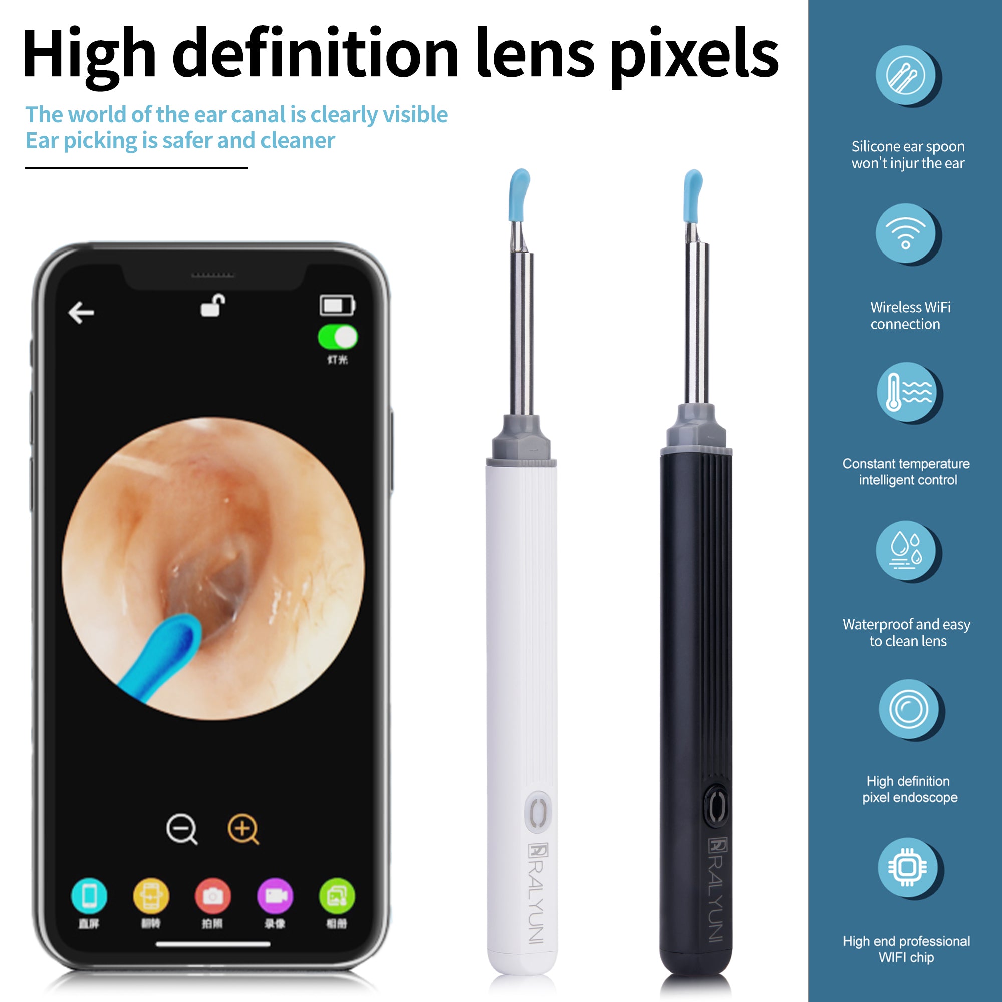 RALYUNI Ear Wax Removal Tool with Camera -Earwax Remover with 8 Pcs Ear Set - Earwax Removal Kit with Light - Ear Cleaner for iOS &Android Black(No delivery on weekends) - Ballimart