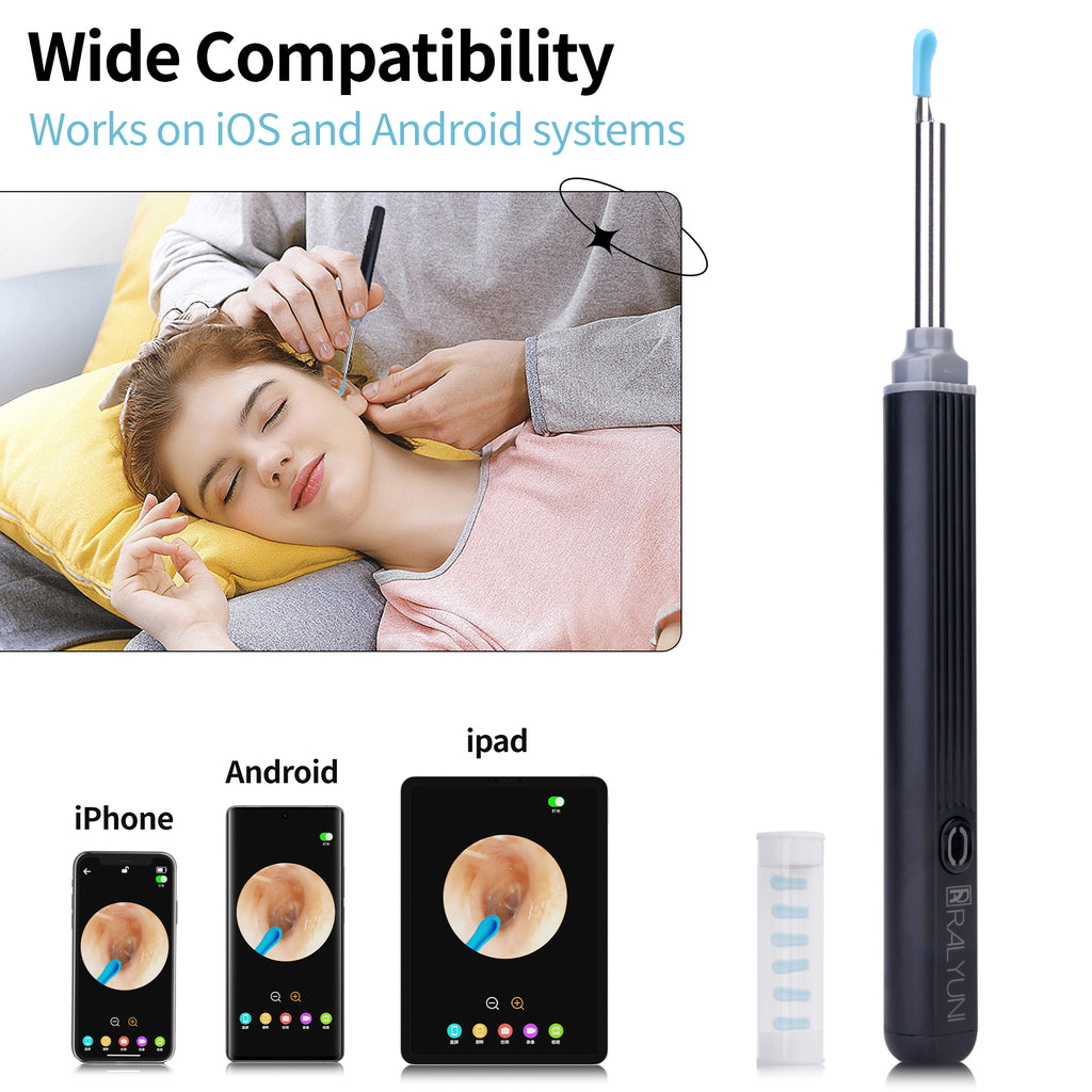 RALYUNI Ear Wax Removal Tool with Camera -Earwax Remover with 8 Pcs Ear Set - Earwax Removal Kit with Light - Ear Cleaner for iOS &Android Black(No delivery on weekends) - Ballimart