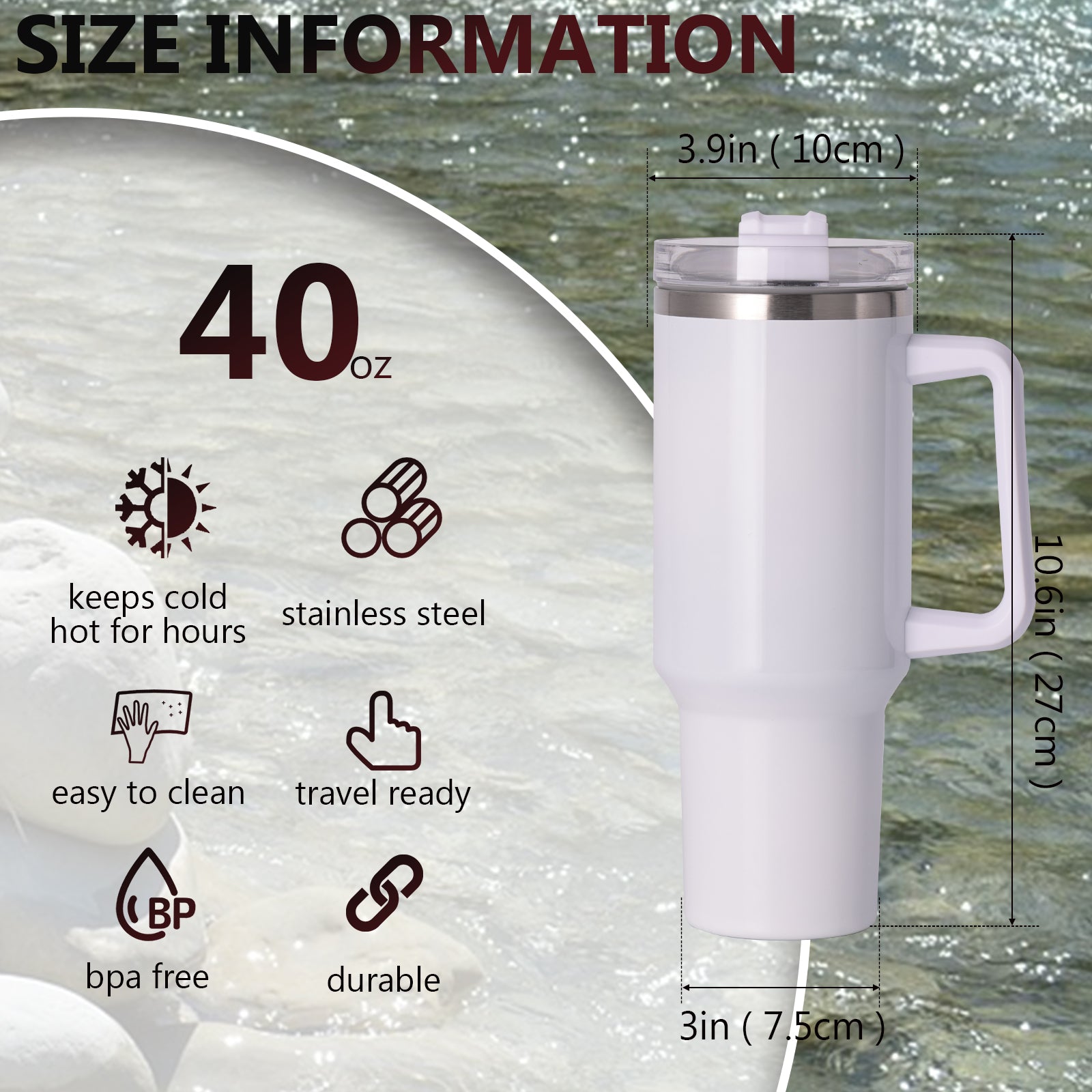 1pc 40oz large capacity Tumbler With Handle And Straw Lid, Insulated Reusable Stainless Steel Water Bottles Travel Mug Coffee Cup car cup water cup For Men Women Outdoor Camping Driving, Gift - Ballimart