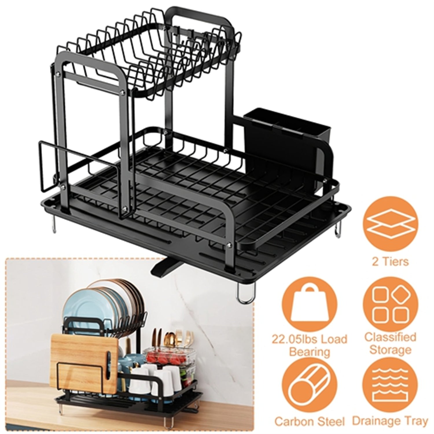 2-Tier 16.65x14.57x13.11in Dish Drying Rack for Kitchen Dish Rack with Drainboard Detachable Kitchen Drainer Organizer Set with Utensil Holder Bowl Rack Dish Rack（No shipment on weekends） - Ballimart