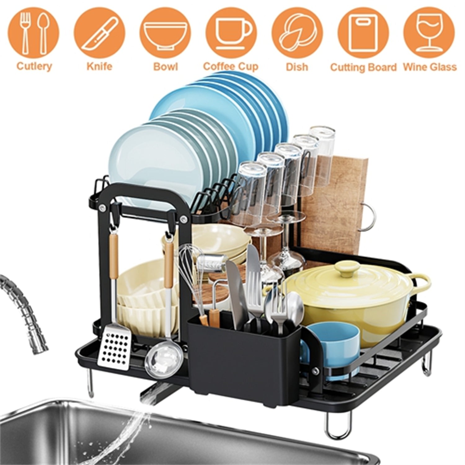 2-Tier 16.65x14.57x13.11in Dish Drying Rack for Kitchen Dish Rack with Drainboard Detachable Kitchen Drainer Organizer Set with Utensil Holder Bowl Rack Dish Rack（No shipment on weekends） - Ballimart
