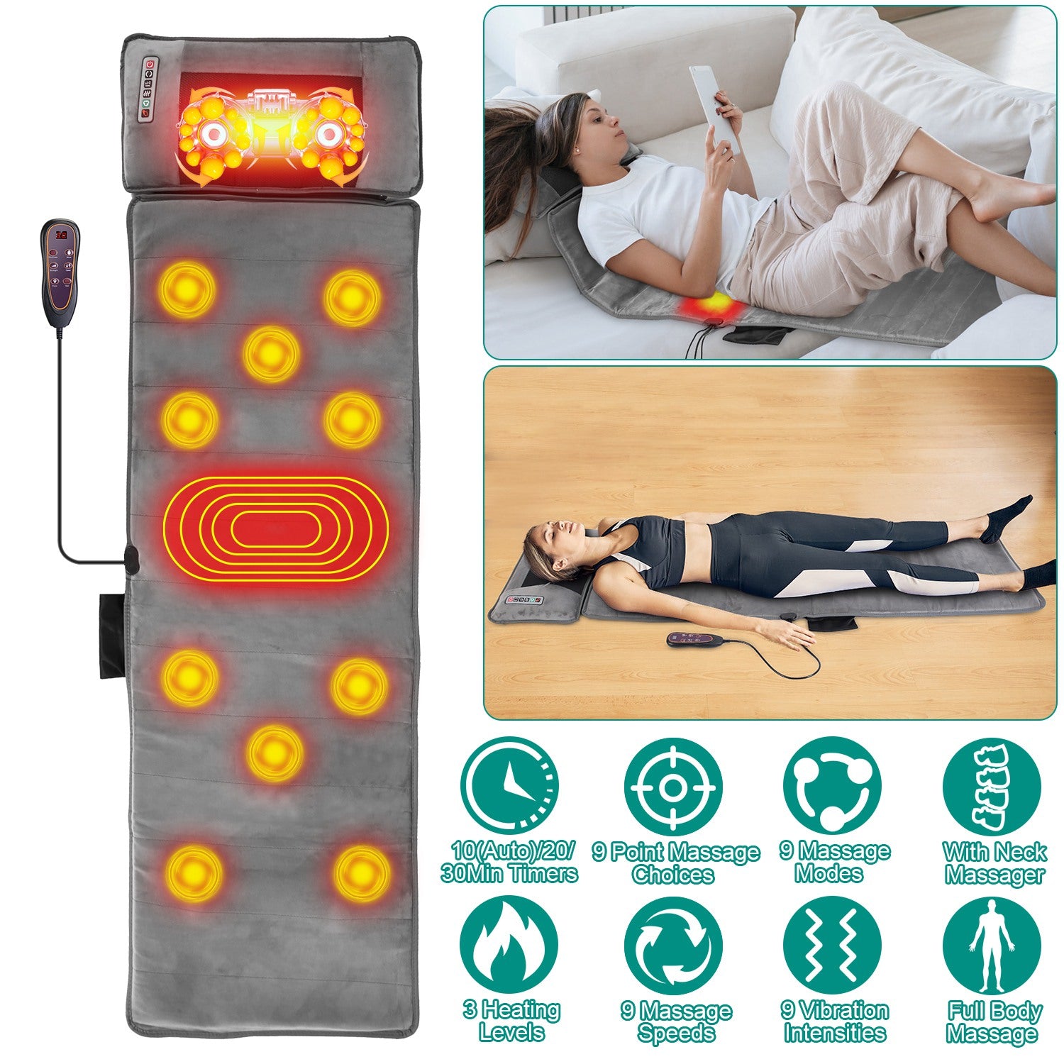 Full Body Massage Mat with Heat 10 Neck Shiatsu Kneading Massage Heads, Multifunctional Electric Heated Massage Chair Back Pad for Back Lumbar Leg Pain Relief（No shipments on weekends） - Ballimart