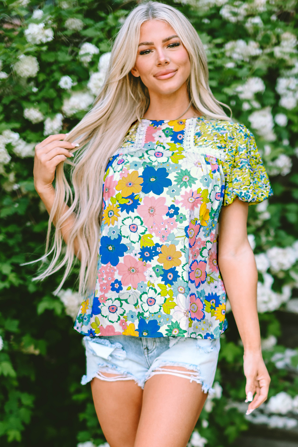 Green Bubble Sleeve Lace Trim Floral Mixed Print Blouse - Ballimart