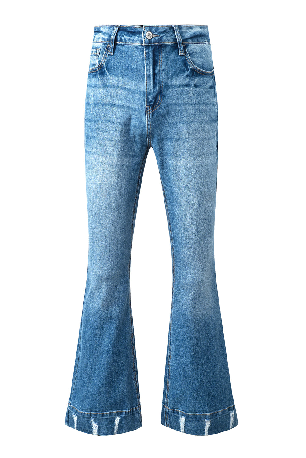 Sky Blue Slight Distressed Medium Wash Flare Jeans - Ballimart
