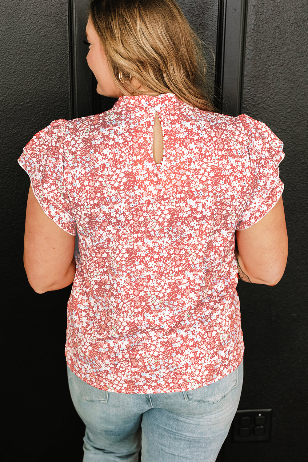 Pink Plus Size Floral Print Ruffled Sleeve Frilled Neck Blouse - Ballimart