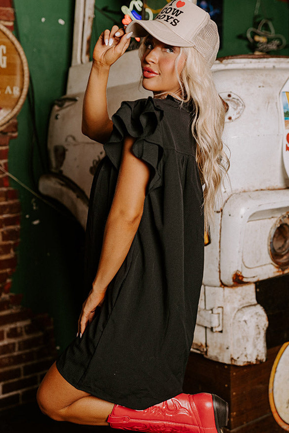 Black Ruffle Sleeve V Neck Frilled Shift Dress - Ballimart