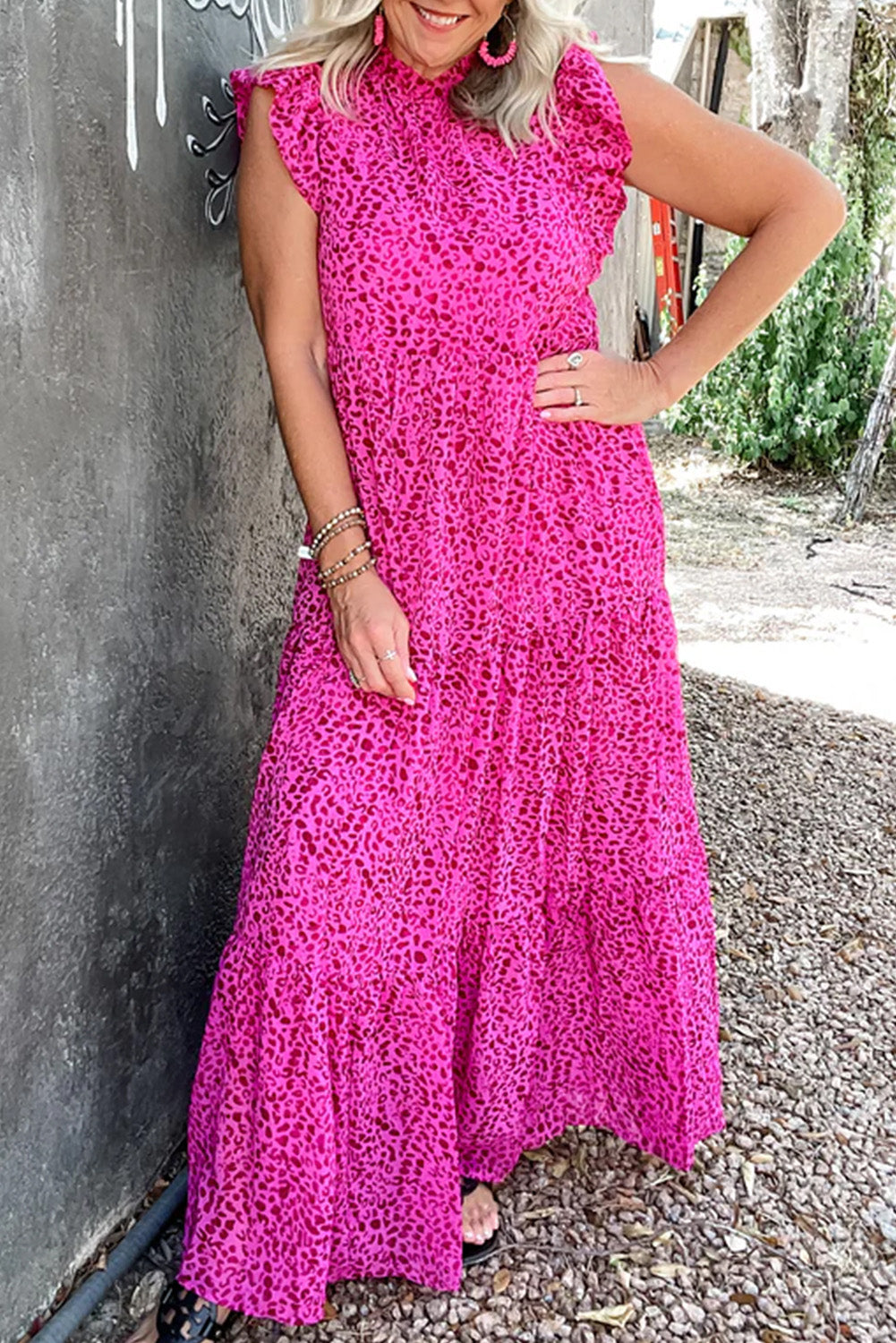 Rose Red Leopard Print Ruffled Trim Tiered Maxi Dress - Ballimart