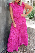 Rose Red Leopard Print Ruffled Trim Tiered Maxi Dress - Ballimart