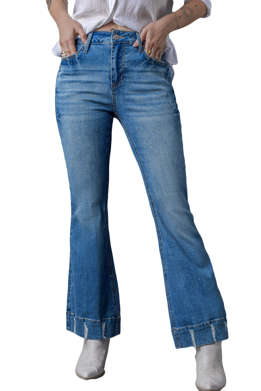 Sky Blue Slight Distressed Medium Wash Flare Jeans - Ballimart
