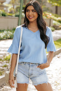 Beau Blue Ruffled Half Sleeve V Neck Textured Top - Ballimart
