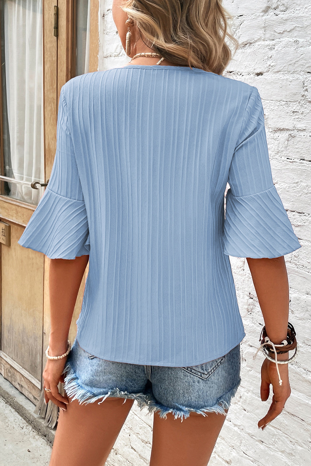 Beau Blue Ruffled Half Sleeve V Neck Textured Top - Ballimart