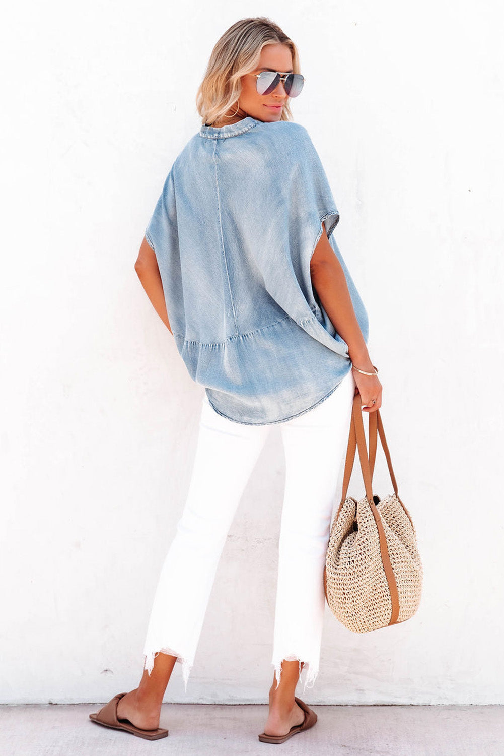 Sky Blue Split V Neck Oversized Denim Blouse - Ballimart