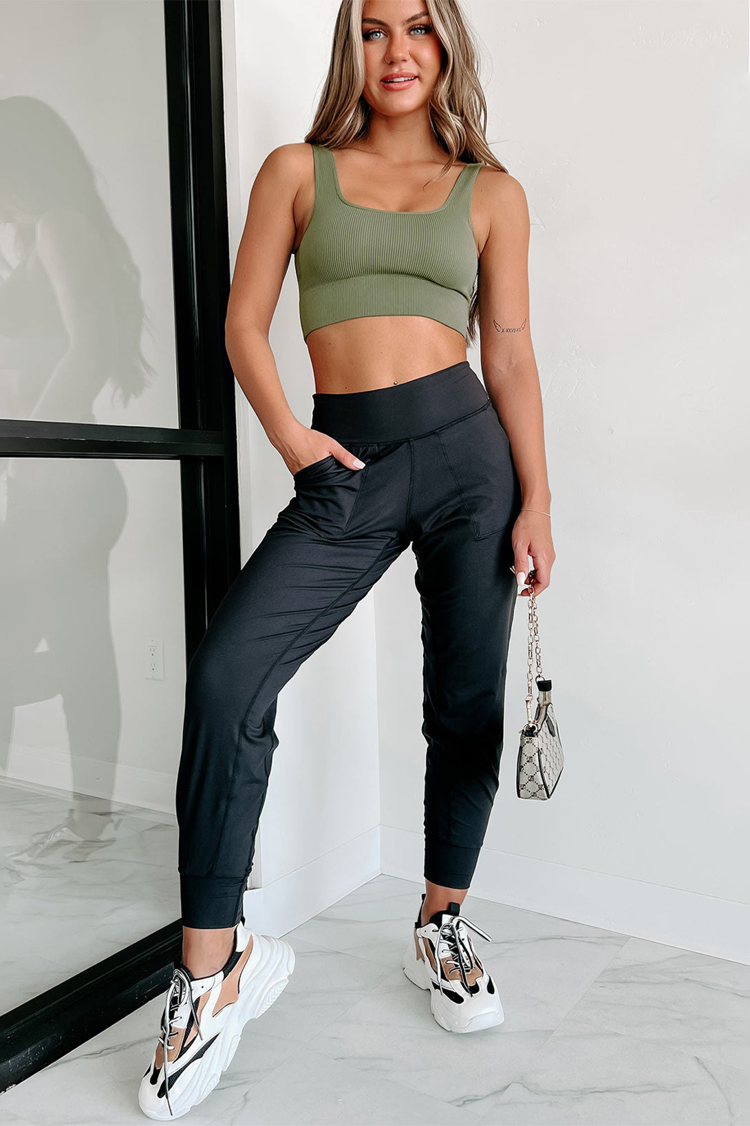 Black Exposed Seam High Waist Pocketed Joggers - Ballimart