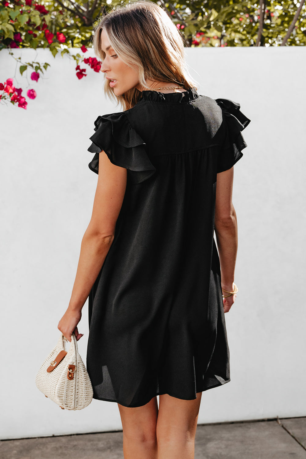 Black Ruffle Sleeve V Neck Frilled Shift Dress - Ballimart