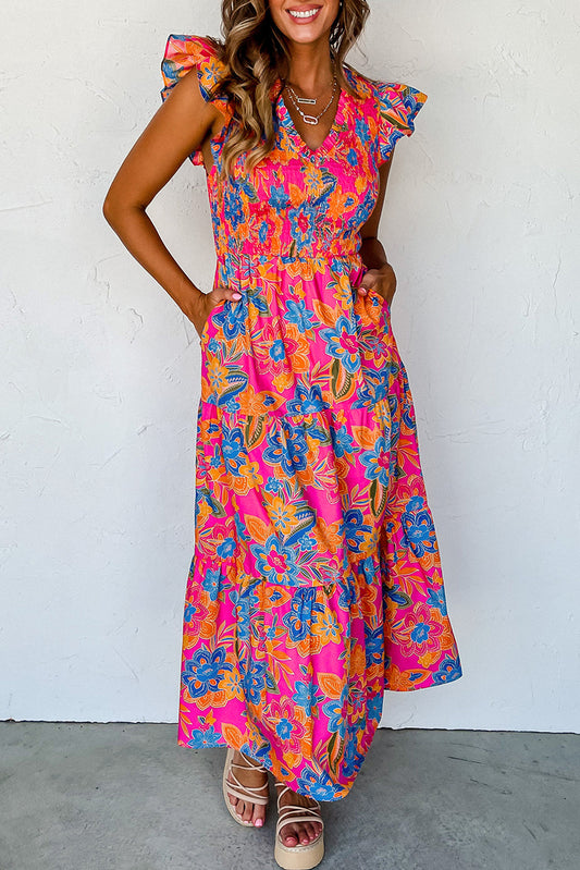 Rose Red Boho Floral V Neck Ruffle Tiered Long Dress - Ballimart