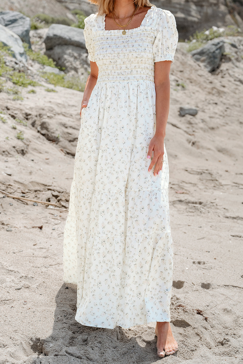 White Frilly Shirred Bodice Tiered Floral Maxi Dress - Ballimart
